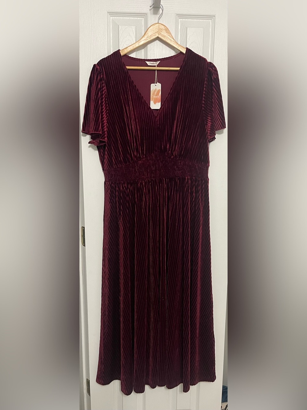 Simplee Velvet Pleated V-Neck Dress in Burgundy with Tag
